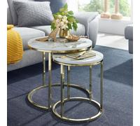 FineBuy Table Basse de Salon Lot de 2 Effet Marbré 50x45x50 cm MDF et Metal Or Blanche | Petite Table de Canapé Table Gigogne Ronde | Design Table d'appoint Style Moderne