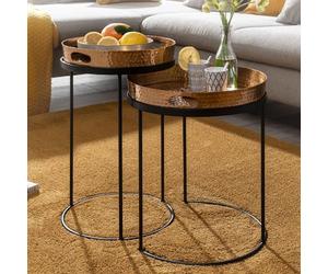 FineBuy Table d'Appoint Lot de 2 Métal Dorée | rond tables plateau finition martelée, table basse lot fait main, amovible plateau comme plateau de service