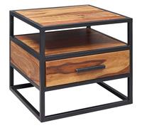 FineBuy Table de Chevet 50x45x45 cm Bois Massif Sheesham Tiroir, Acier | chevet industriel avec structure en acier et étagère pour lit boxspring, table de nuit fait main