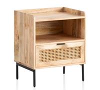 FineBuy - Table de chevet en bois massif de mangue en rotin - Table de chevet au design bohème naturel avec tiroir et étagère ouverte - Table de chevet idéale pour lits à sommier tapissier - Tressage