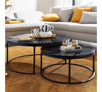 FineBuy table ronde moderne en marbre noir | table pliante en métal 2 pièces | tables rondes pour salon | tables gigognes design