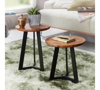 FineBuy Tables d'appoint 2 pièces Sheesham métal bois table basse industrielle tabouret