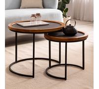 FineBuy Mango Lot de 2 tables basses, rondes, en bois massif, aspect pierre, avec structure en métal, table basse moderne, table d'appoint 2 pièces, marron/anthracite