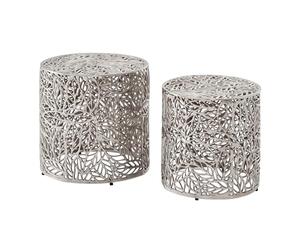FineBuy Tables gigognes en aluminium, lot de 2, rondes, argentées - Table d'appoint avec motif feuille - Table décorative, table basse design alu - Table en métal moderne - Ensemble de tables de salon
