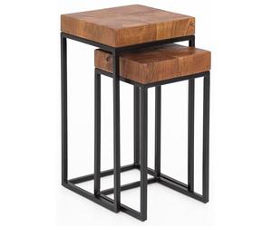 FineBuy Tables Gigognes Lot de 2 Bois Massif Sheesham Métal Marron | tables d'appoint au design industriel, table basse lot en bois massif, pièces uniques faites main, empilables