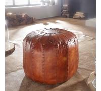 FineBuy Tabouret 52 x 40 x 52 cm Rond Cuir Véritable Marron Oriental Rustique