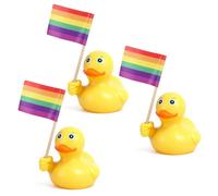 FINEED Lot de 3 canards en caoutchouc + 3 drapeaux arc-en-ciel pour décoration de tableau de bord de voiture, bureau, maison, soulagement du stress et accessoires de bricolage (cadeaux en forme de