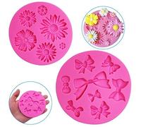 FineGood Lot de 2 moules décoratifs en silicone en forme de fleur de chrysanthème et nœud papillon pour chocolat, fondant, argile, sucre, savon, bricolage, pâtisserie, outil de pâtisserie - Rose