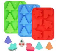 Finegood Lot de 3 moules en silicone, en forme d'arbre de Noël, chaussettes et cloches, plaques de cuisson pour gâteaux, bonbons, chocolats, gelée, savon - Vert, bleu, rouge