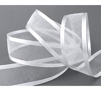 finemark 25 m x 25 mm Ruban en mousseline de soie avec bord satiné blanc (01) Ruban décoratif en mousseline de soie semi-transparent brillant sans fil organza