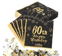 finemark Lot de 40 serviettes de table pour décoration de table d'anniversaire 60 ans, 33 x 33 cm, noirs et dorés + 1 paquet de confettis en papier pour 60e anniversaire pour hommes et femmes
