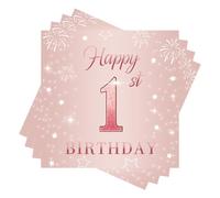 finemark - Lot de 40 serviettes en papier pour le premier anniversaire de fille - Décoration de table pour garçon et fille - Rose