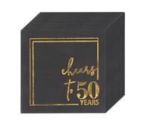 finemark Lot de 50 serviettes d'anniversaire, noires, à 3 couches, en fibre de bois de qualité supérieure, 12,7 x 12,7 cm, décoration de table pour décoration de fête (50 ans)
