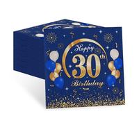 finemark Lot de 60 serviettes bleues « Happy 30e anniversaire » - Décoration de qualité supérieure pour anniversaire masculin et fête - 33 x 33 cm