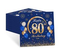 finemark Lot de 60 serviettes bleues « Happy 80e anniversaire » - Décoration de qualité supérieure pour anniversaire masculin et fête - 33 x 33 cm