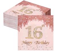 finemark Lot de 60 serviettes d'anniversaire pour fille - Décoration de 16 ans pour fille - Sweet 16 serviettes roses - Décoration de table d'anniversaire pour fille