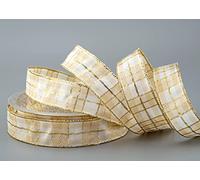 finemark Ruban de Noël à carreaux blanc crème doré (103) 20 m x 25 mm avec bords métalliques en lurex décoratif or emballage cadeau Motif tartan quadrillé écossais