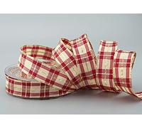 finemark Ruban de Noël à carreaux bordeaux crème doré (124) 20 m x 25 mm avec bords métalliques en lurex décoratif or emballage cadeau Motif tartan quadrillé écossais
