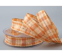 finemark Ruban décoratif, à carreaux, 20 m x 25 mm, en abricot et doré (106), avec bord en fil de métal et lurex doré, tartan, brillant, adapté pour les nœuds, convient à l'hiver, Noël