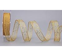 finemark Ruban décoratif à paillettes beige doré - 20 m x 15 mm - En mousseline de soie - Transparent et brillant - Avec bords métalliques - Élégant - Pour Noël, Avent, anniversaire
