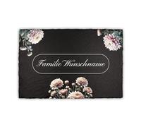 Finest Folia Plaque en ardoise personnalisée pour porte d'entrée - Gravure au laser - Nom de famille - Plaque décorative personnalisable (15 chrysanthèmes)