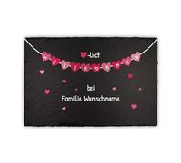 Finest Folia Plaque en ardoise personnalisée pour porte d'entrée - Gravure au laser - Nom de famille - Plaque décorative personnalisable (03 cœurs)