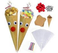 FINEVERNEK Sachet Bonbon Noël, Sacs Cellophane Cône Bonbon Transparent Plastique, Sachets de Cadeaux Transparent avec Cravates Torsadées pour Noël Partie, 25x13cm (50 Ensembles)