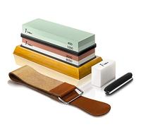 FINEW Ensemblede Pierres à aiguiser 400/1000 3000/8000, Couteaux Aiguiser Pierre Double Visage professionnel, avec base en Bambou antidérapante, Guide d'angle, Pierre à Aplatiret, Rayures en Cuir