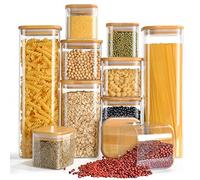 Finew Lot de 10 bocaux de rangement hermétiques en verre avec couvercles,2100 ml/1500 ml/750 ml/350 ml,Bocaux de rangement carrés et boîtes pour épices de cuisine pour pâtes, thé, grains de café