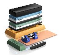 FINEW Pierres à Aiguiser 400/1000 3000/8000, Pierre a Aiguiser, Aiguiseur Couteaux, avec Base en Bambou Antidérapante, Pierre Plate, Guide d'angle, Bande de cuir, Composé de polissage, Guide de rodage