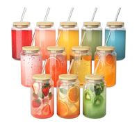 Finew Verres Avec Couvercle Et Paille, Set De 12 Verre Canette RéUtilisables 450 ml Avec Brosse Pour Nettoyer Les Pailles Verre Avec Paille Tasses à Café Glacé Pour Smoothies, BièRes, Cadeau