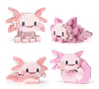 Finger Rock Lot de 4 mini blocs de construction Axolotl - Micro Axolotl - Figurines d'animaux à clipser - Modèle animal - Sac cadeau - Remplissage créatif - Cadeau d'anniversaire pour garçons de 15