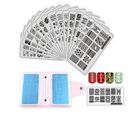 FingerAngel Lot de 16 plaques de stamping pour décorer les ongles par tamponnage, avec 2 tampons, 2 racloirs, 1 sac de rangement, motifs fleurs, feuilles, animaux, V1-16