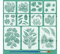 FINGERINSPIRE 11 Pcs Pochoirs de Feuilles avec Pinceau 11 Styles Différents Pochoirs de Motif de Feuille de Plante Été Pochoir Feuille Monstera Pochoir Feuilles Papaye Gabarit Thème Été pour Bois Mur