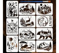 FINGERINSPIRE 11Pcs Pochoir de Paysage de Chasse Avec Pinceau 21x29.7cm Pochoirs Animaux Sauvages Pochoirs de Paysage de Montagnes et Forêts Pochoir Thème Nature pour Ours Cerfs Loups Pêche et Bétail