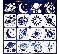 FINGERINSPIRE 12 Styles Planètes Motif Pochoirs Avec Un Pinceau 15x15cm Lune Étoiles Peinture Pochoirs Pet Système Solaire Pochoir Thèmes Science Fiction Modèle pour Peinture sur Bois Mur Meubles