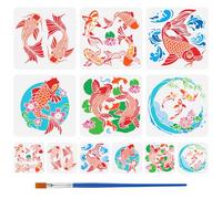FINGERINSPIRE 12Pcs Pochoir de Peinture de Poisson Koi Avec 1 Pinceaux en Plastique Réutilisables 12 Styles de Pochoir de Poisson Décoratif Orient Lucky Koi Modèle pour Peinture Mur Meubles Bois DIY