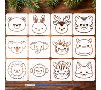 FINGERINSPIRE 12Pcs Pochoir Peinture Portrait Tête Animal Cartoon Avec Pinceau 15x15cm Réutilisable Mignon Portrait Modèle de Dessin Ours Lapin Cerf Pochoir Thème Animal Modèle pour Décor