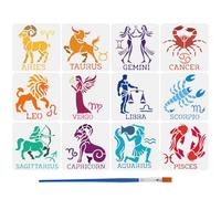 FINGERINSPIRE 12Pcs Pochoir Représentant les Douze Signes Du Zodiaque Avec 1 Pinceaux Plastique 15x15cm Symboles Constellations Zodiaque Décoration Thème Fantastique pour Bois Toile Tissu Mur Meubles