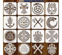 FINGERINSPIRE 12Pcs Pochoir Viking pour Peinture 20x20cm Pochoir Dessin Thème Viking Modèle Dessin Bouclier Noeud Celtique Armes Avec Un Pinceau pour Peinture sur Bois Tissu Mur Art Artisanat