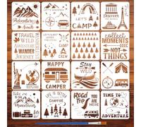 FINGERINSPIRE 16 Pochoir à Thème de Voyage pour Peinture Au Pinceau 30x30cm Montagnes Arbres Boussole Temple Modèle Feu de Camp Avion Valise Pochoir Feuille D'Érable Lune Étoile Bateau Poisson Modèle