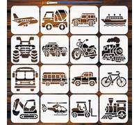 FINGERINSPIRE 16 Styles Pochoirs Motifs Moyens de Transport Avec 1 Pinceau 15x15cm Pochoir Silhouettes Voitures Avions Bateaux Pochoirs Trains Motos Template Pet pour Bois Carrelage Mur Tissu