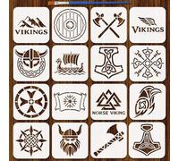 FINGERINSPIRE 16Pcs Pochoir Viking pour Peinture 15x15cm Pochoir Dessin Thème Viking Modèle Dessin Noeud Celtique Armes Navire Avec Un Pinceau pour Peinture sur Bois Tissu Mur Art Artisanat