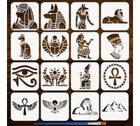 FINGERINSPIRE 16Pcs Pochoirs Égypte 15x15cm Symboles Égyptiens Pochoirs Motif Sphinx Scarabée 16 Styles Modèle Égyptien en Plastique Avec Pinceau pour T-Shirt Bois Tissu DIY Art
