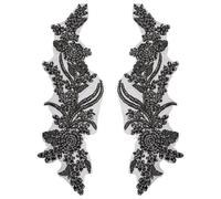 FINGERINSPIRE 1Pair Appliques Fleur Strass Verre 340x95x5mm Patch d'Applique Strass Noir Broderie Fleur Cristal Applique Patches en Tissu Perlé à Coudre pour Accessoires de Robe de Mariée