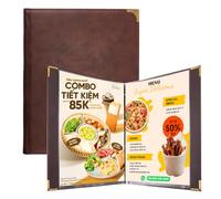 FINGERINSPIRE 2 Pièces Porte-menu en Cuir PU 317x250x23mm avec Coin Doré Marron Noix de Coco Couvertures de Menu de Restaurant 7 Pages Pochettes Transparentes Dossier de Présentation Professionnel