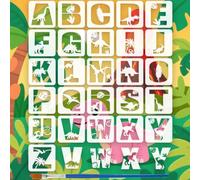 FINGERINSPIRE 26Pcs Pochoir de Peinture Alphabet Dinosaure Avec Pinceau 20x20cm Modèle de Dessin de Silhouette de Dinosaure Feuilles Décoratives Arbre Pochoir Modèle Thème Alphabet pour DIY Bois Décor