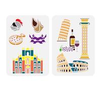 FINGERINSPIRE 2Pcs Grand Pochoir Avec Monuments Italiens 21x29.7cm Pochoir Motifs De Venise Colisée Romain Tour Penchée De Pise Modèle De Pizza Et De Vin Pour Loisirs Créatifs à L'Aérographe