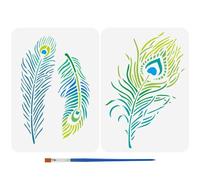 FINGERINSPIRE 2Pcs Pochoir de Peinture en Plumes de Paon de 21X29.7cm Avec Pinceau Pet Modèles de Dessin de Plumes D'Oiseaux Pochoirs à Motifs de Plumes Modèles à Thème Animal pour Décoration de Sol