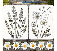 FINGERINSPIRE 2Pcs Pochoir de Peinture Pissenlit Lavande Avec Brosse en Plastique 21x29.7cm Plantes Fleurs Modèle Épaissi Feuille Fleur Pochoir Thème Végétal Modèle pour Peindre sur Sol Meubles